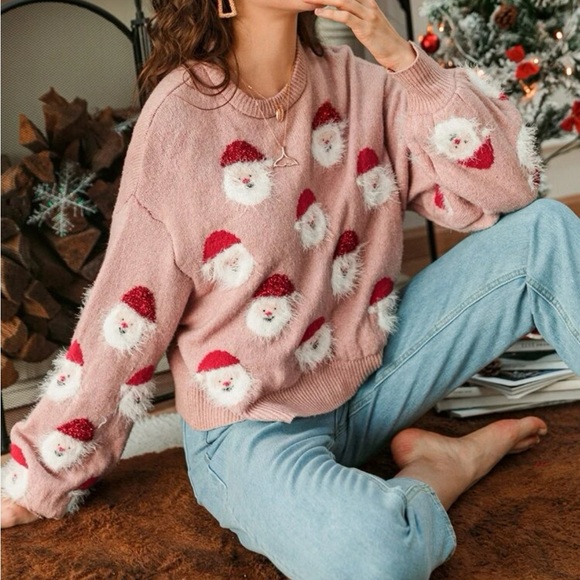 Drop Shoulder Santa Clause Ugly Christmas Sweater Pattern Sweater - Picture 4 of 8